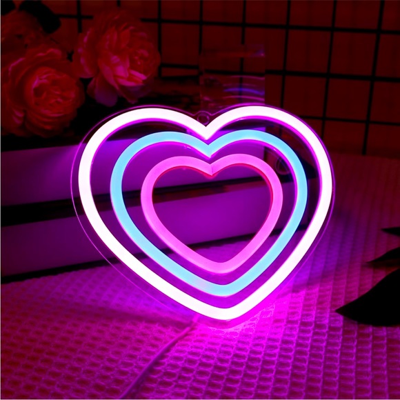 Neon Purple Pink Heart Valentines Love Retro 90s Party Festival LED USB Light - Picture 2 of 6